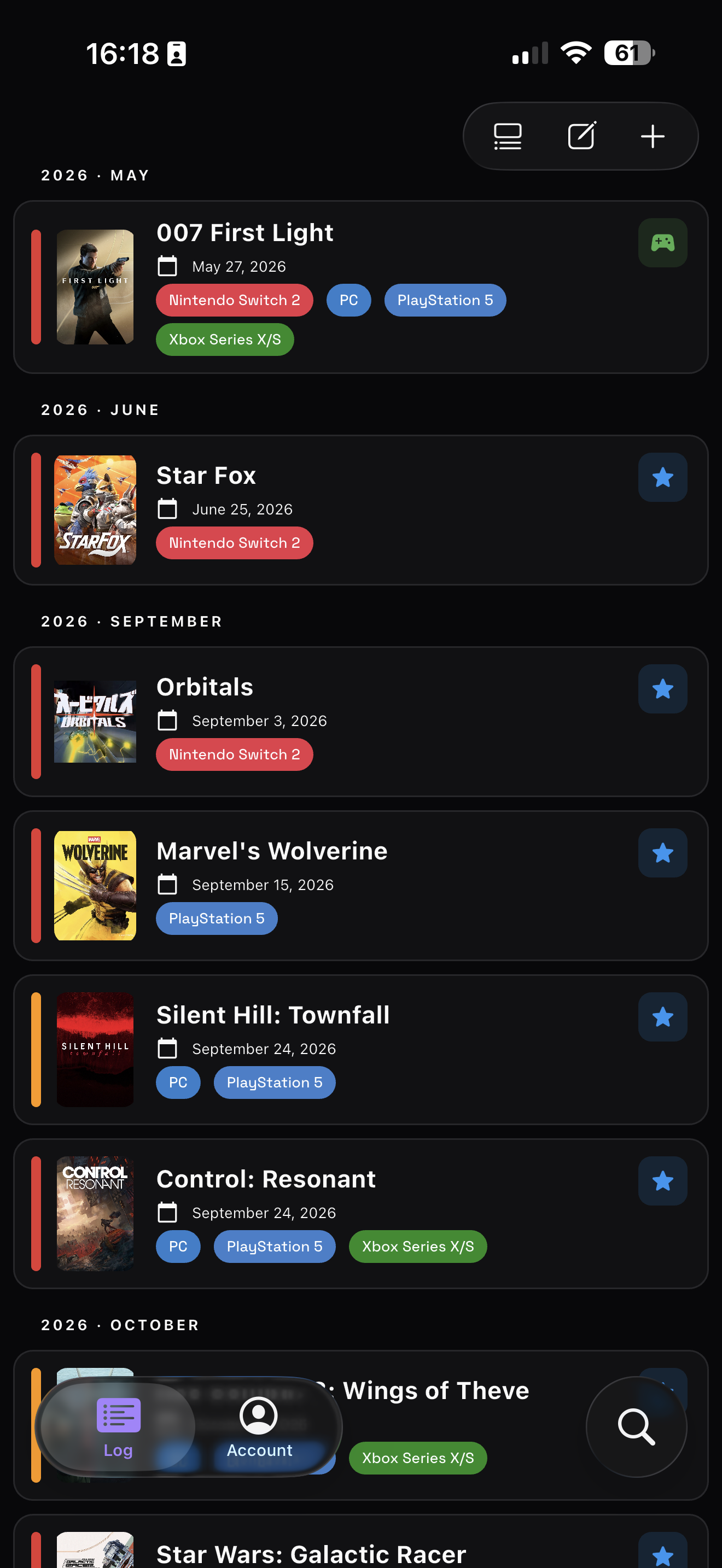 GameLogfy list view